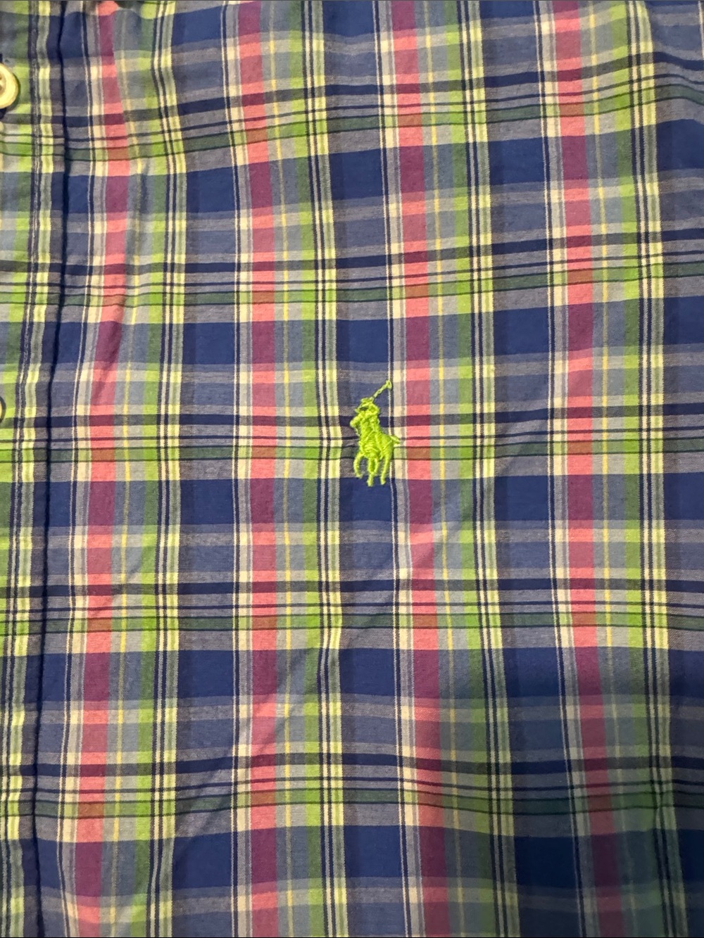Ralph Lauren Blue Multicolor Plaid Button-Down Shirt with Lime horse size 14/16